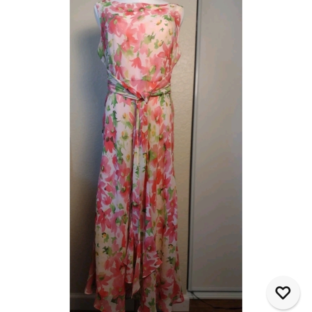 Chadwicks 12P Pink and Green Floral Maxi Dress Side Zip Tie Belt